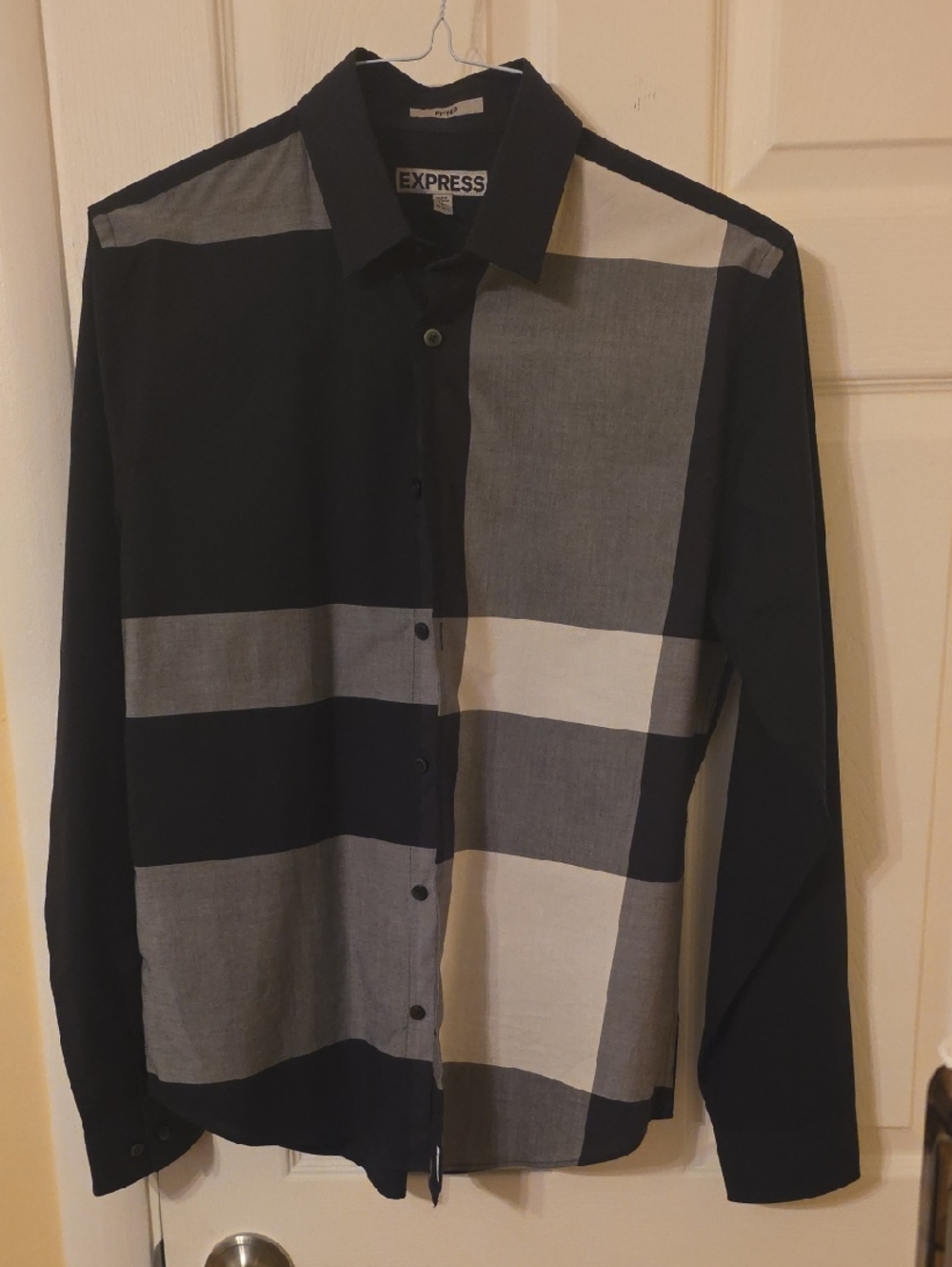 Express Men’s Black, Gray & White Block-Check Button-Up Shirt